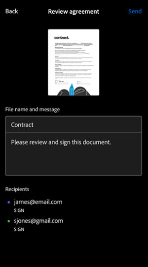 Review agreement screen in Acrobat showing a document preview, editable file name and message fields, and a list of recipients with signing roles before sending.