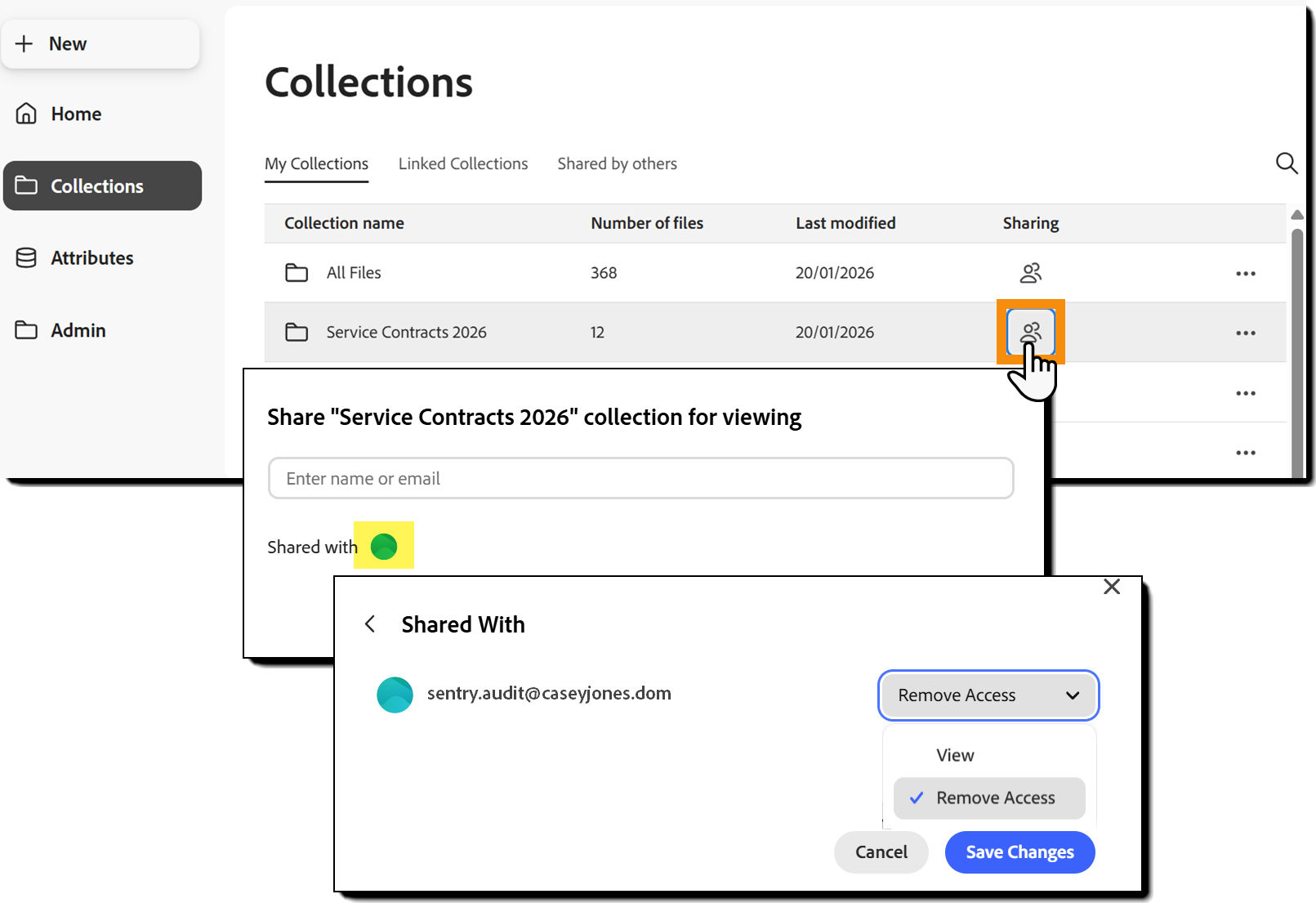 The collections list with the sharing icon highlighted and the revoke access panel exposed.