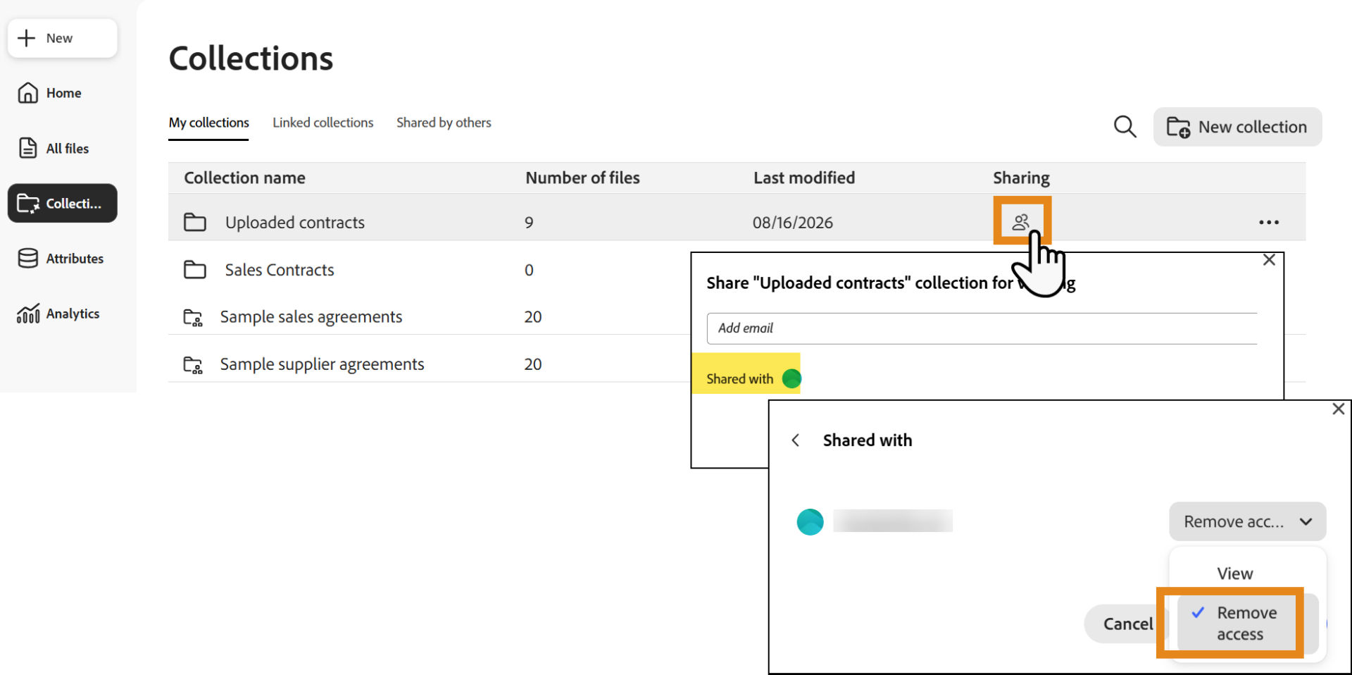 The collections list with the sharing icon highlighted and the revoke access panel exposed.