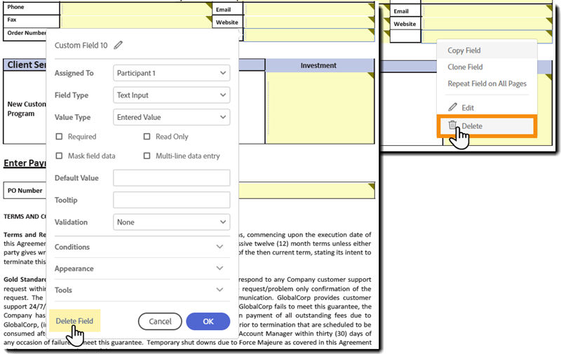 Field propeerties panel with the Delete field link highlighted