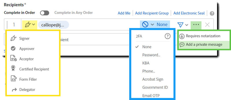 The Send page with the recipient record elements highlighted