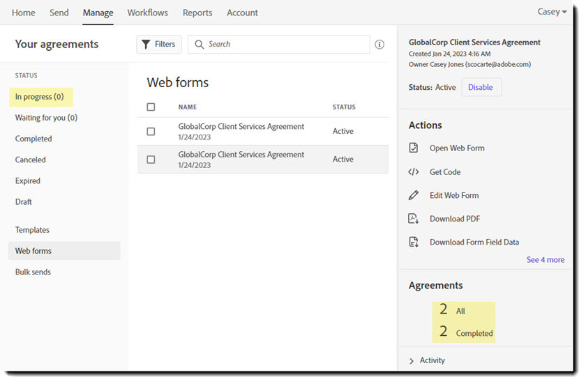 Web form view in the Manage page