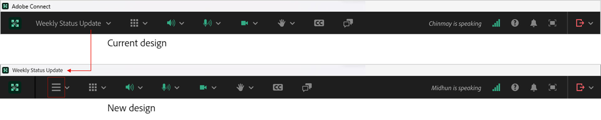 Current vs New look of the menu bar after removing the room name