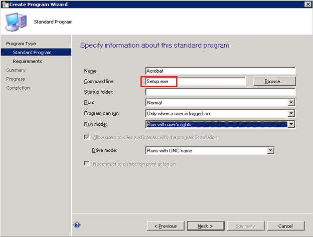 Assistente de criação de programas no SCCM