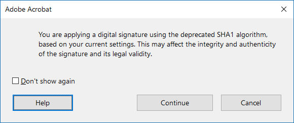 廃止された SHA1 アルゴリズム警告メッセージを使用するデジタル