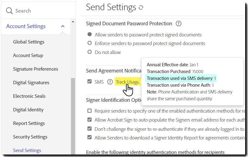 The Send Settings page highlighting the Track Usage link with the information pop-out exposed