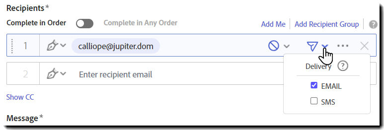 The recipient record with the send link options expanded showing the settings configurable.