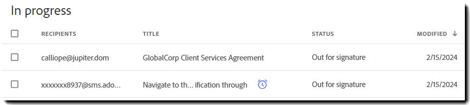 The manage page showing two agreement records, one example of when an email is used, and the other showing the format when only SMS is used.