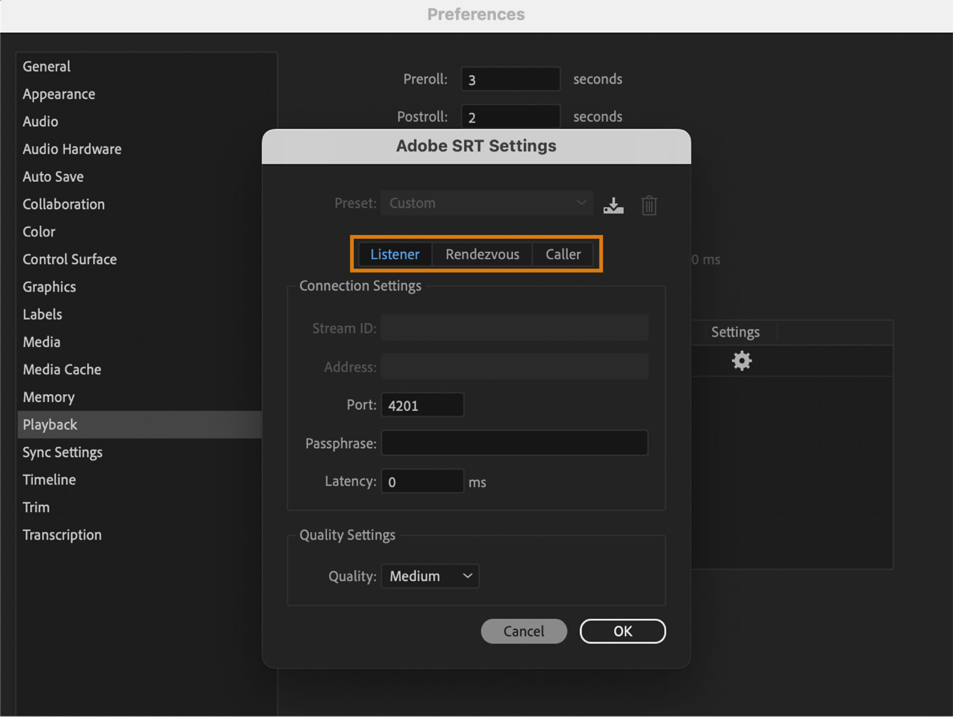 Transmit Device Playback settings UI showing Adobe SRT option to enable you to stream your video and audio to different locations.
