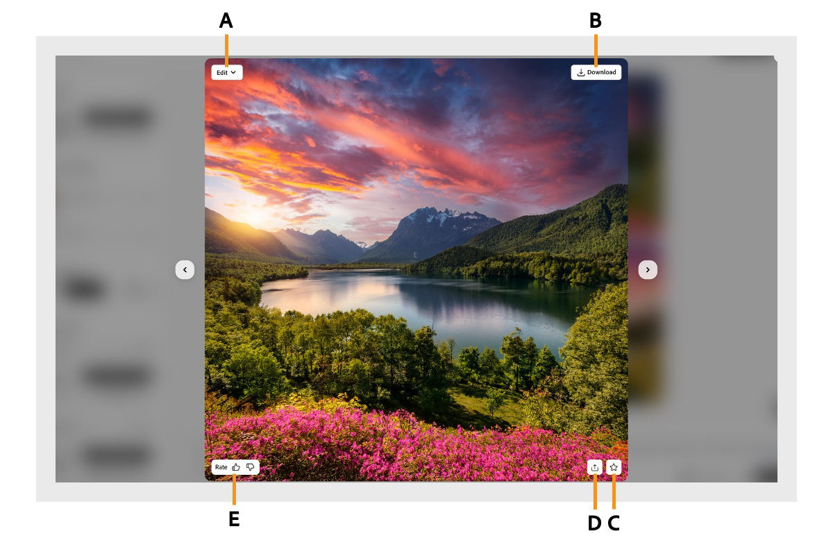 A generated image displays different options, such as edit or share, when you hover over an image generated with Firefly.