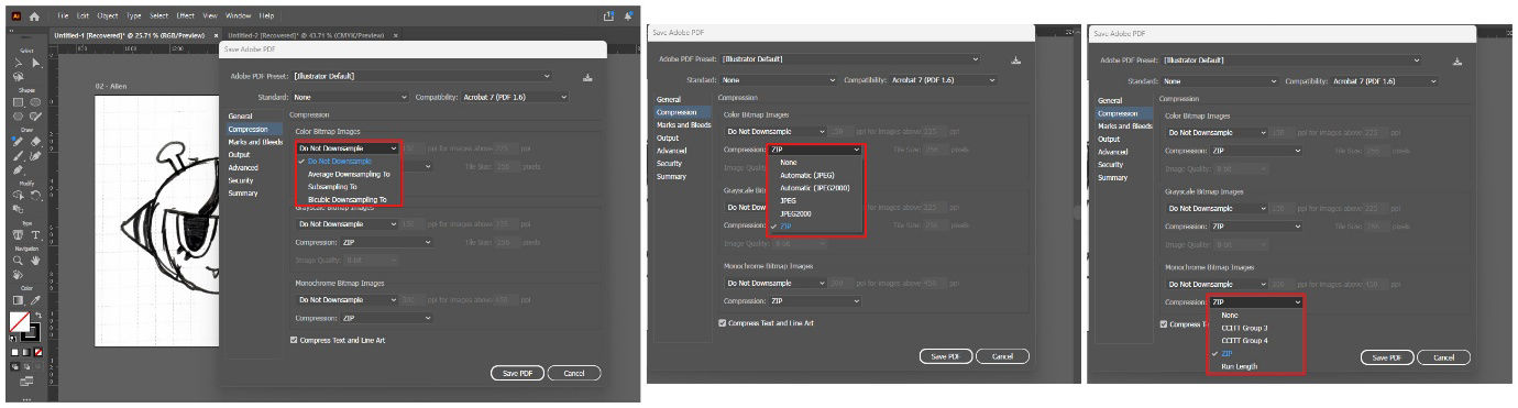 Save Adobe PDF dialog box showing downsampling and compression options.