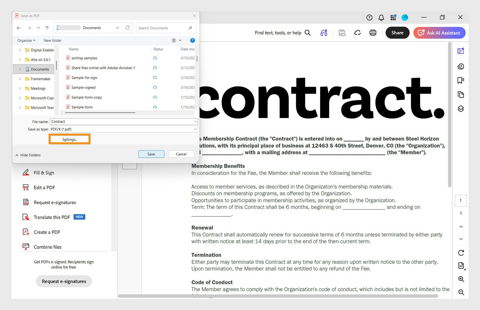 Save As dialog box in Acrobat Pro with PDF/X selected and a Settings button for conversion options.