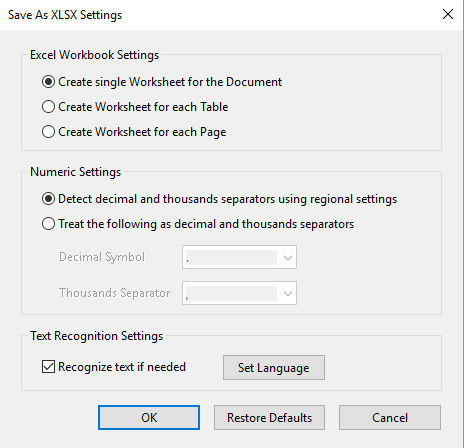 Save as XLSX settings