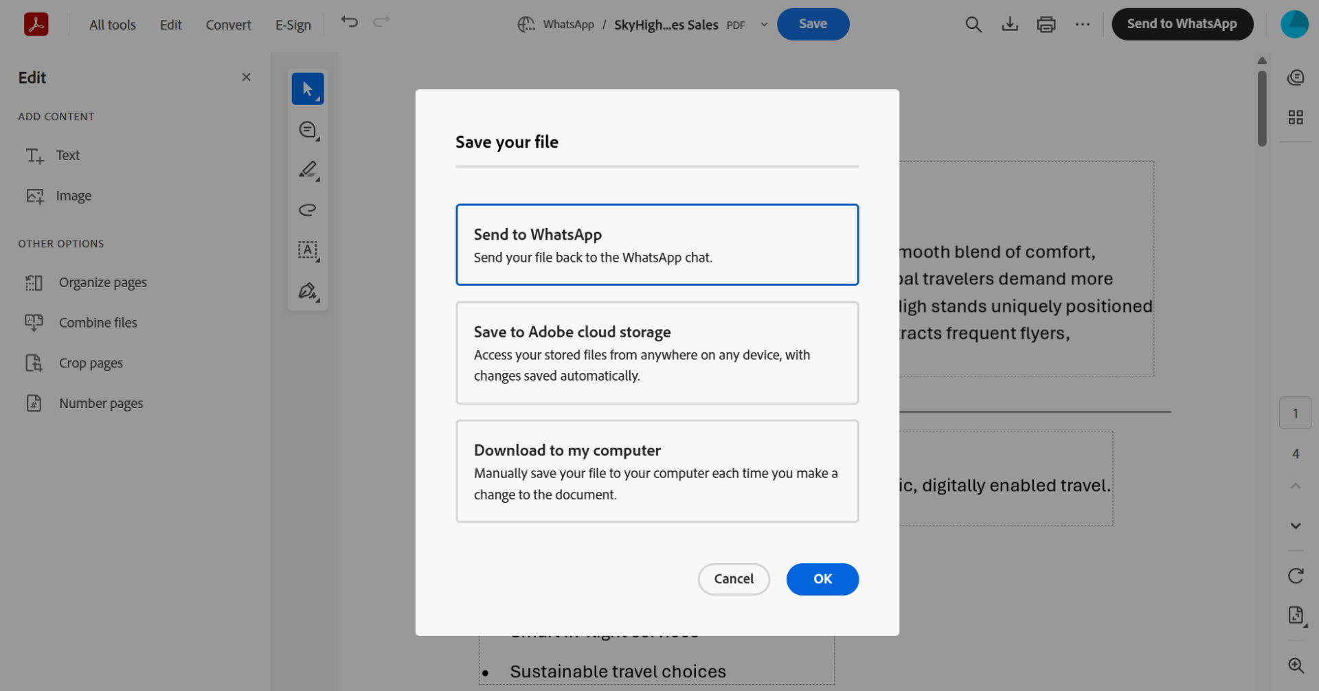 Save options dialog in Adobe Acrobat showing choices to send the edited PDF back to WhatsApp, save to Adobe cloud storage, or download to the computer.