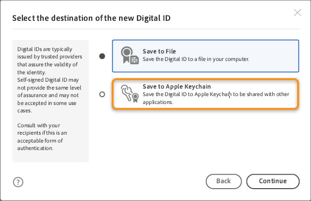 Select the location to save the digital ID