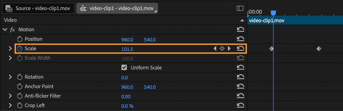 The Scale property is selected and to the right there is a keyframe navigator to move the Current Time Indicator to the closest keyframe.