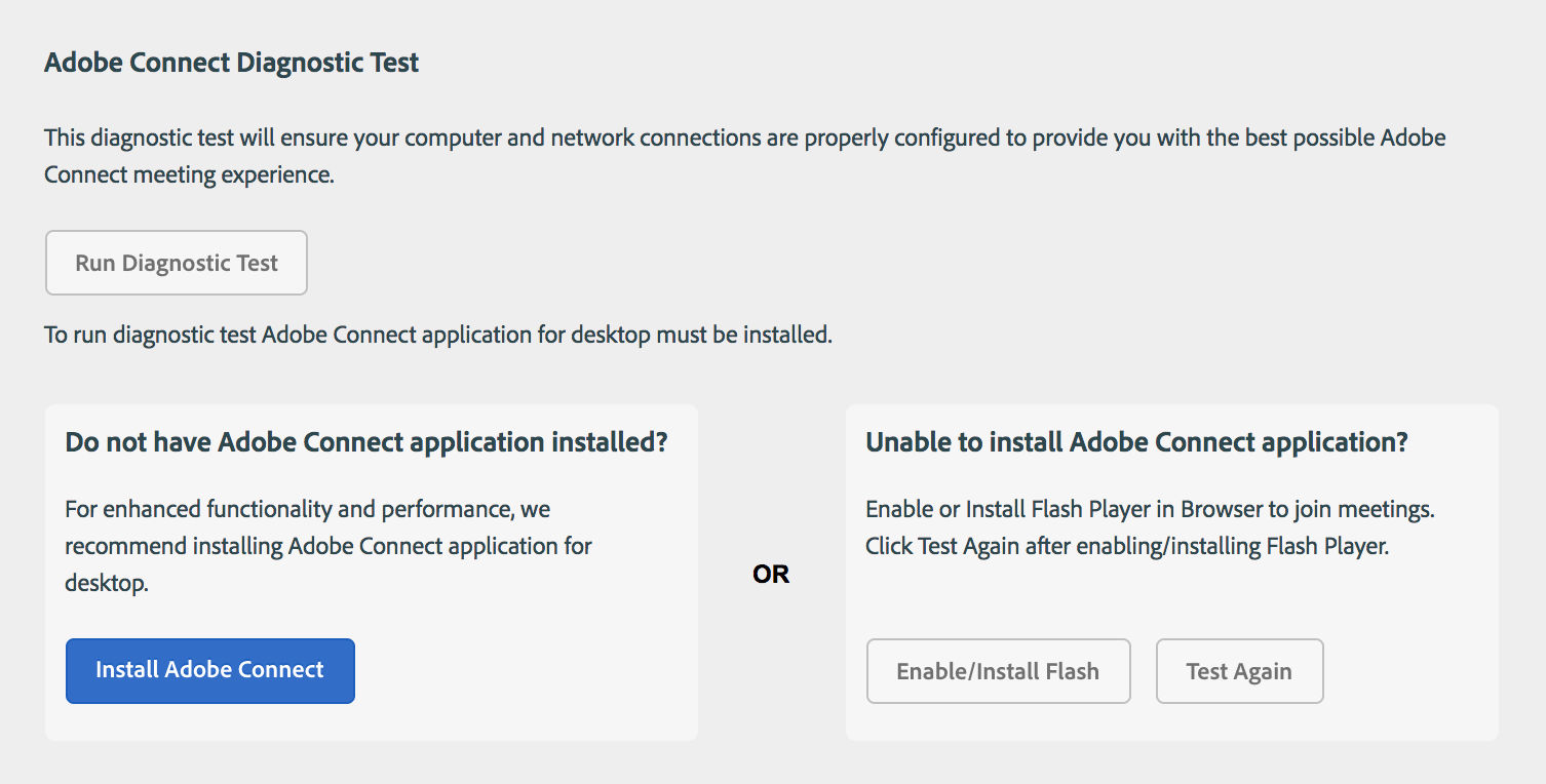 Adobe Connect toplantı ön tan testleri sayfası