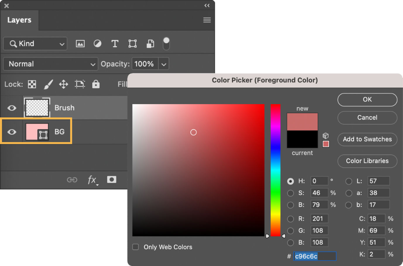 Screen capture of a Photoshop Layers panel with a Layer titled "BG" highlighted. A second window shows how to use the Color Picker tool to specify a color choice.