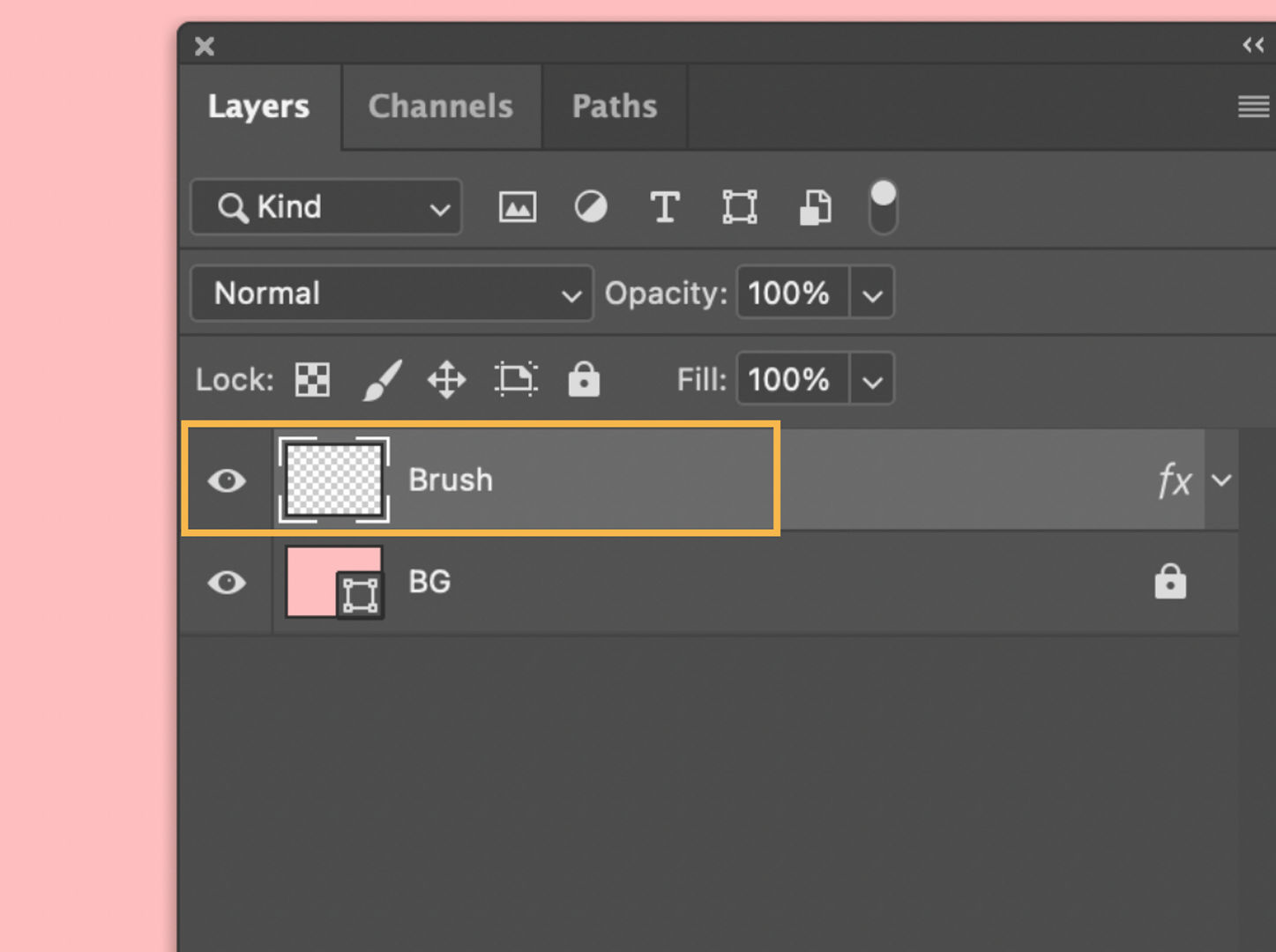 Screen capture of a Photoshop Layers panel, with a yellow line highlighting a Layer labeled "Brush."