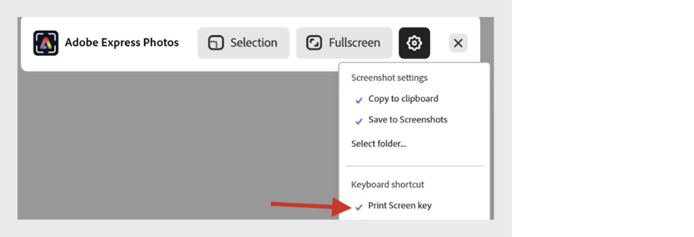 Screenshot bar of Adobe Express Photos with settings menu open, showing the Print Screen key option under Keyboard shortcut.
