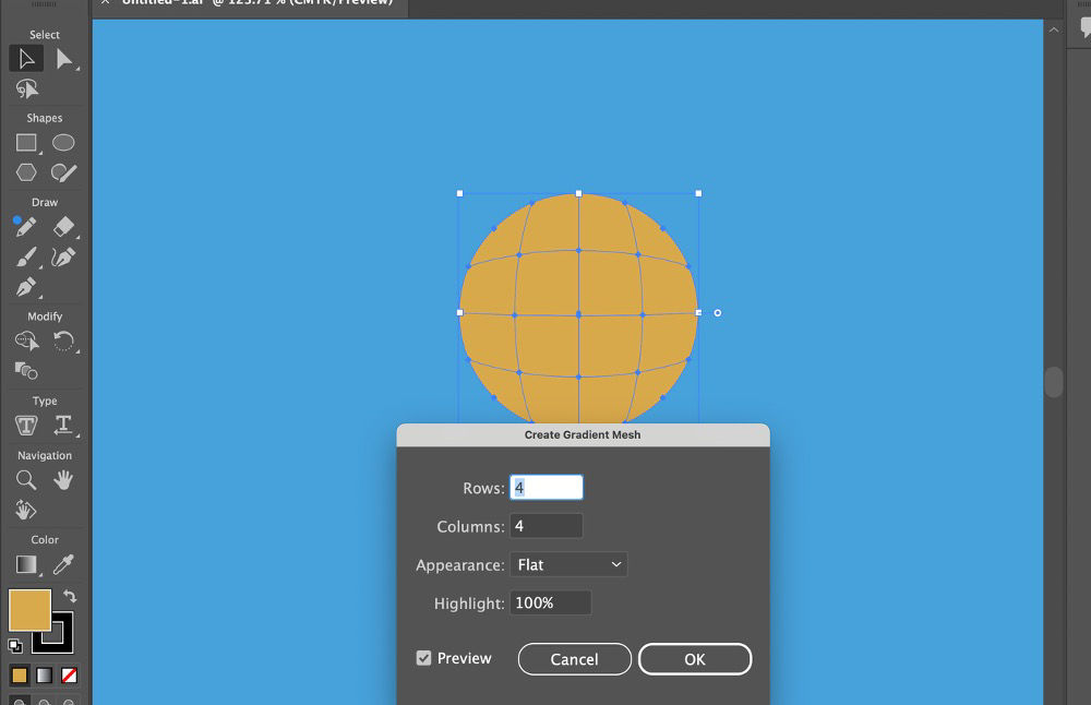 Screenshot of Adobe Illustrator interface showing the "Create Gradient Mesh" dialog box over a blue artboard. The dialog box includes input fields for rows, columns, and options for appearance and highlights. On the left side, the toolbar is visible with tools grouped under Select. Shapes, Draw, Modify, and more.