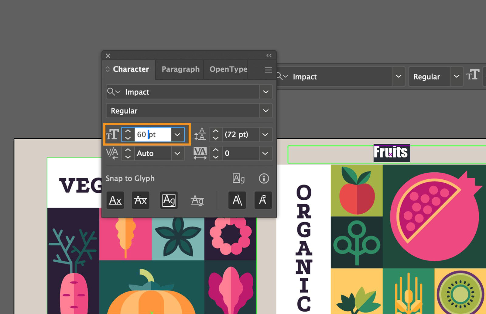 Screenshot of Adobe Illustrator’s Character panel showing text formatting options. The font is set to Impact, style to Regular, and font size highlighted as 60 pt. Two artboards with colorful fruit and vegetable illustrations are visible in the background with the text “VEG” and “Fruits” placed on them.