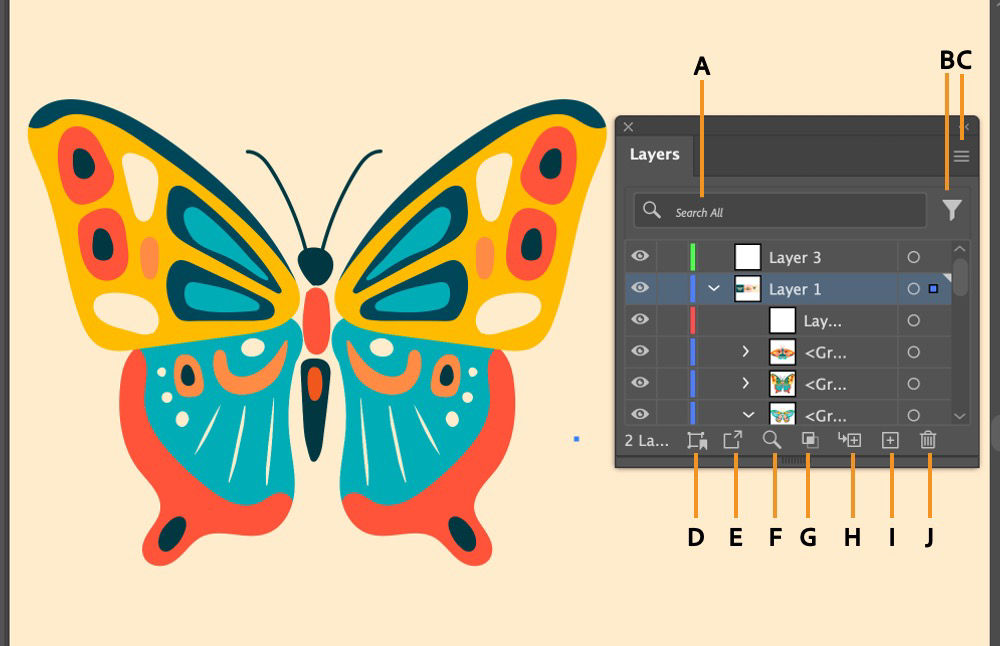 Screenshot of Adobe Illustrator showing a colorful butterfly artwork on the canvas. The Layers panel is visible on the right, with multiple layers and sublayers displayed. The panel includes labels A to J pointing to key features like the search field, filter menu, and options to create or delete layers.