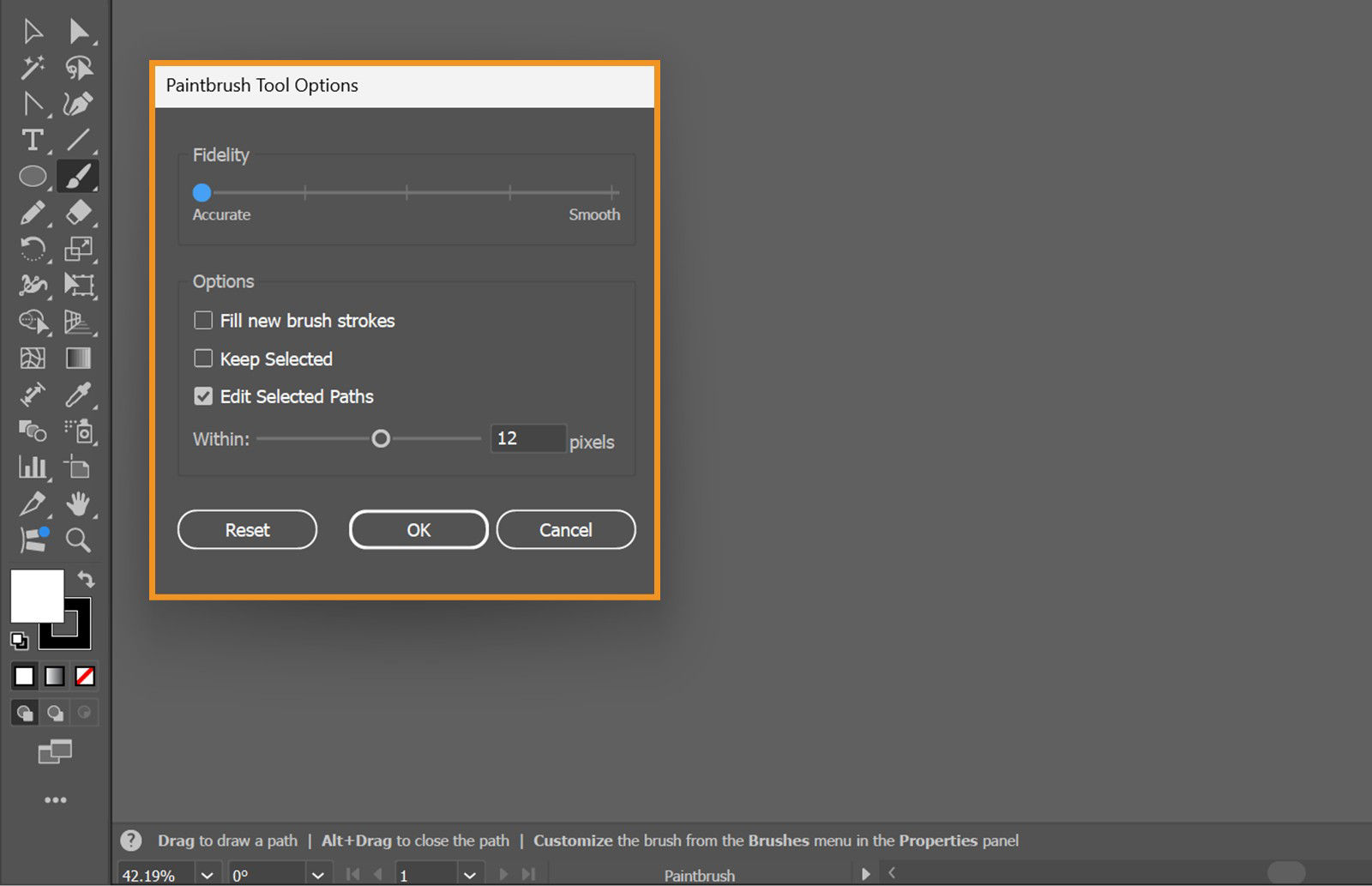 Screenshot of Adobe Illustrator showing the Paintbrush Tool Options dialog box. The dialog includes a Fidelity slider ranging from Accurate to Smooth, checkboxes for options like Fill new brush strokes, Keep Selected, and Edit Selected Paths, with a pixel value input for the "Within" setting. The Reset, OK, and Cancel buttons appear under these options. The Illustrator toolbar and workspace are visible in the background 