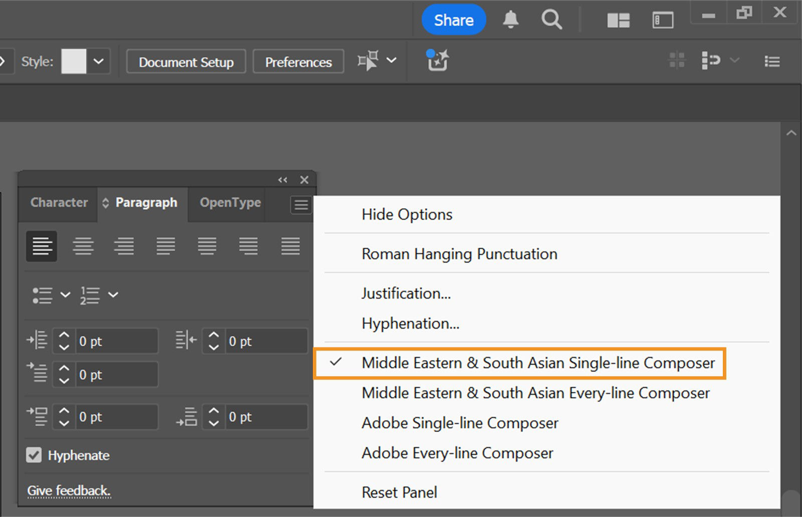 Screenshot of Adobe Illustrator showing the Paragraph panel with the Composer options menu expanded. The option "Middle Eastern and South Asian Single-line Composer" is selected. This setting controls how text is composed line by line, especially for languages with right-to-left and complex script requirements.