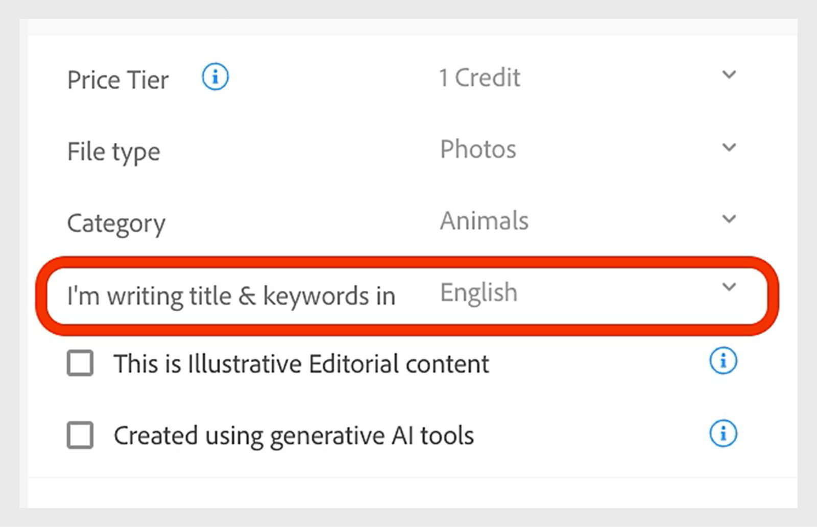 Screenshot of Adobe Stock submission settings showing the option “I’m writing title & keywords in” with English selected, highlighted among other fields like file type and category.