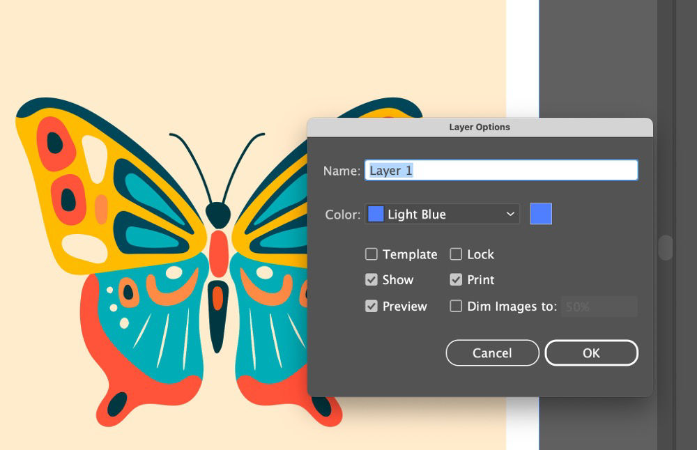 Screenshot of Illustrator showing Layer Options dialog box for “Layer 1” with Light Blue color and Show, Print, and Preview checkboxes selected beside colorful butterfly artwork on the canvas.