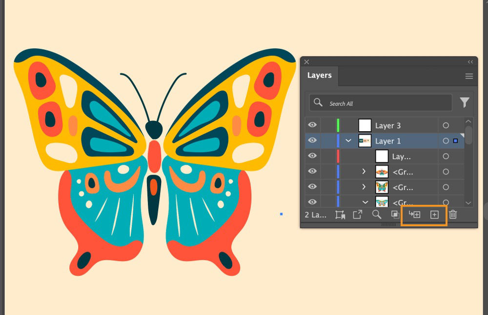 Screenshot of Illustrator showing a colorful butterfly artwork. The Layers panel is open, displaying multiple layers and groups. Layer 1 is selected, and the bottom of the panel highlights icons for creating new sublayers and new layers.