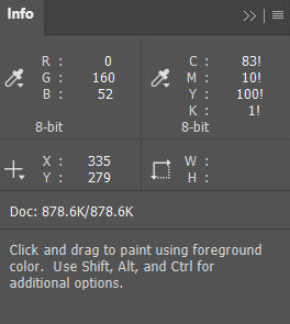 Screenshot of Photoshop Info panel displaying color values, X/Y coordinates, and measurement readouts.