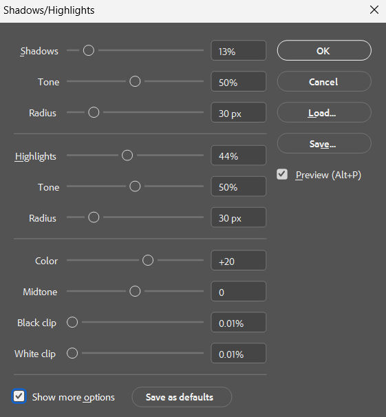 Screenshot of Photoshop Shadows/Highlights panel with sliders to set values.