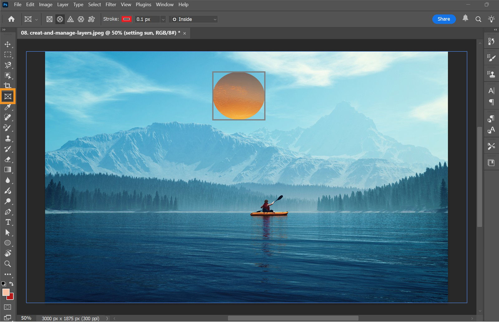 Screenshot of Photoshop showing the Frame Tool in use to draw a frame over an existing image.