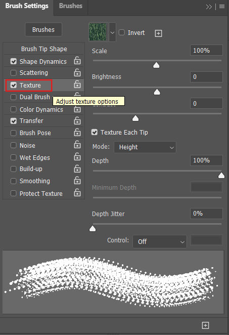 Screenshot of a Photoshop brush settings panel focused on texture options. It shows texture enabled with mode set to Height, depth at 100%, and various sliders for scale, brightness, and depth jitter, alongside a preview of the brush stroke with applied texture.