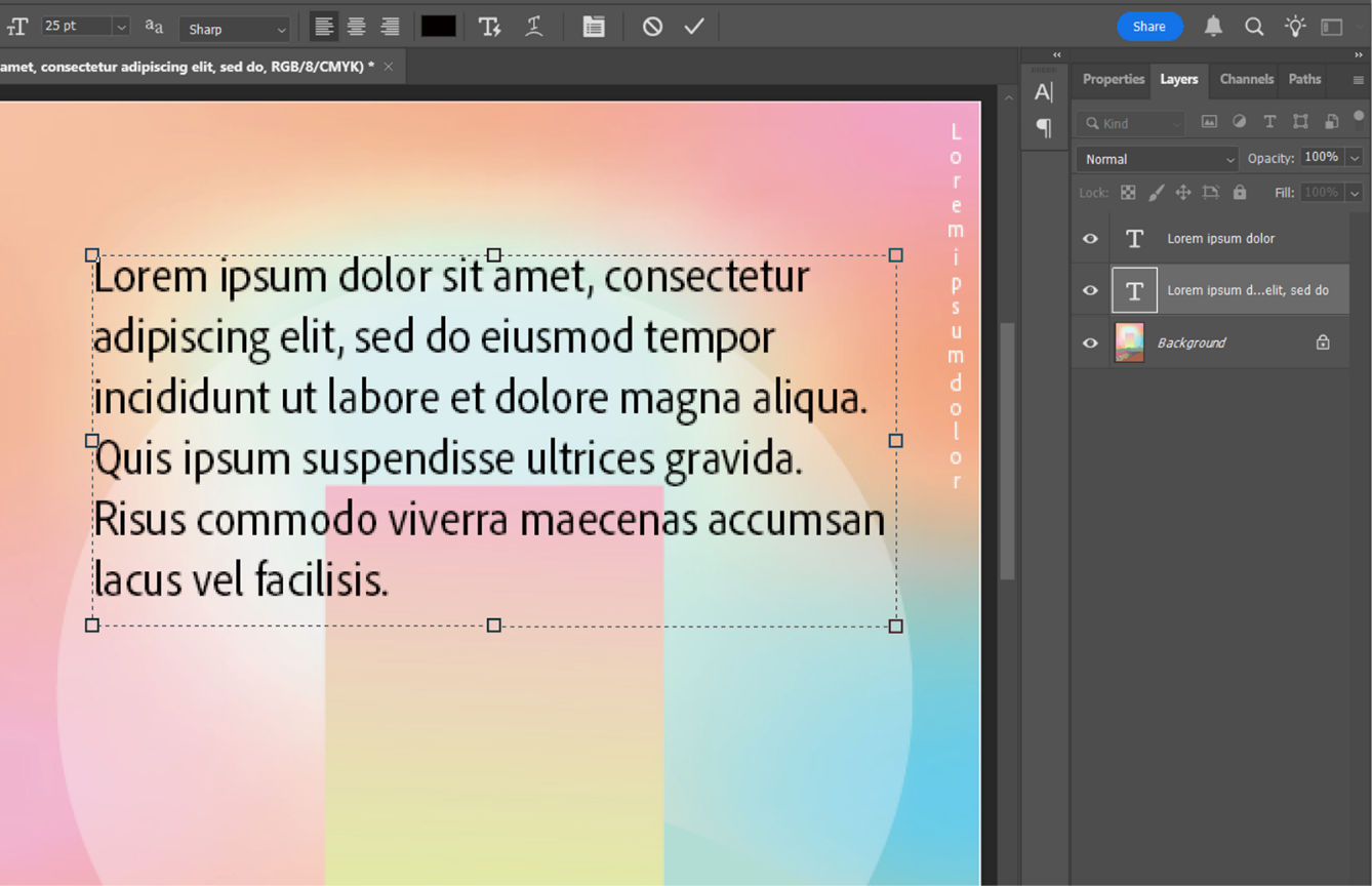 Screenshot of a Photoshop document showing horizontal and vertical paragraph  text. The Layers panel shows multiple layers, with one type layer highlighted.
