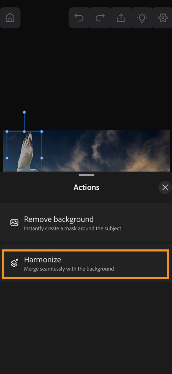 Screenshot of a document in Photoshop on iPhone with Actions panel open and the Harmonize option highlighted.