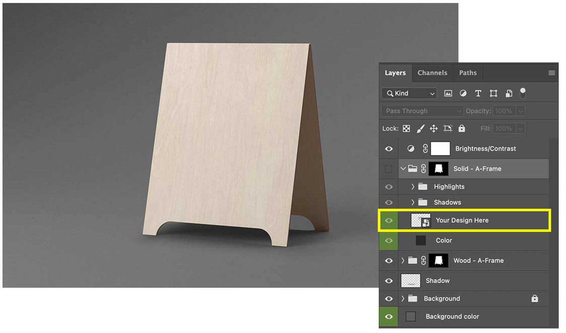 Screenshot of a wooden A-frame sandwich board mockup in Photoshop, alongside a Layers panel.