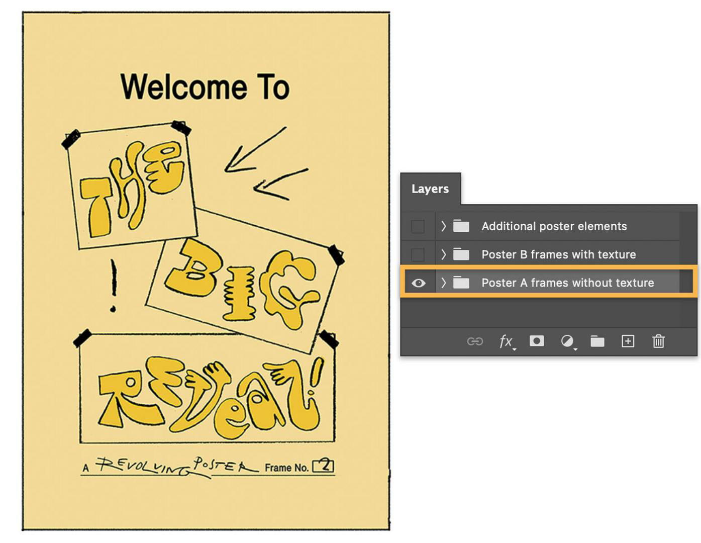 Screenshot of a yellow poster design with the hand-drawn message "Welcome to the Big Reveal: A revolving poster," alongside a Photoshop Layers panel.