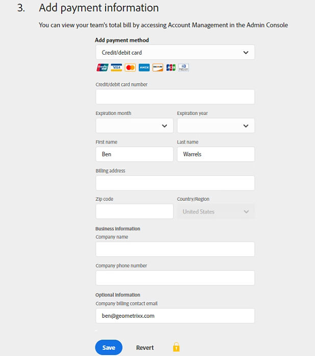 Screenshot of an online form titled ‘Add payment information’ with fields for credit/debit card details, billing address, company information, and a Save button