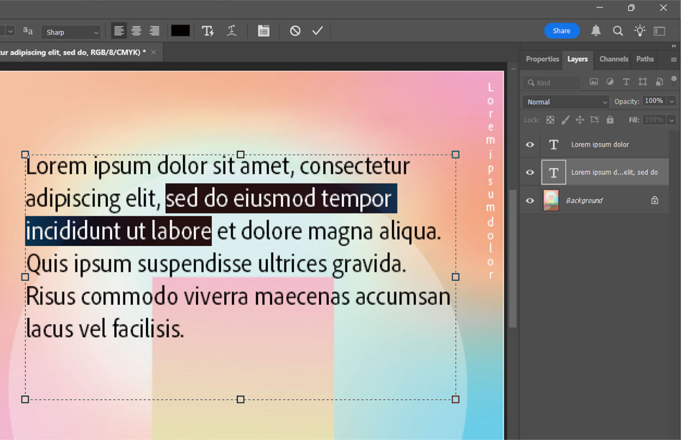 Screenshot of an open Photoshop document with a section of paragraph text selected. The Layers panel shows multiple layers, with one type layer highlighted.