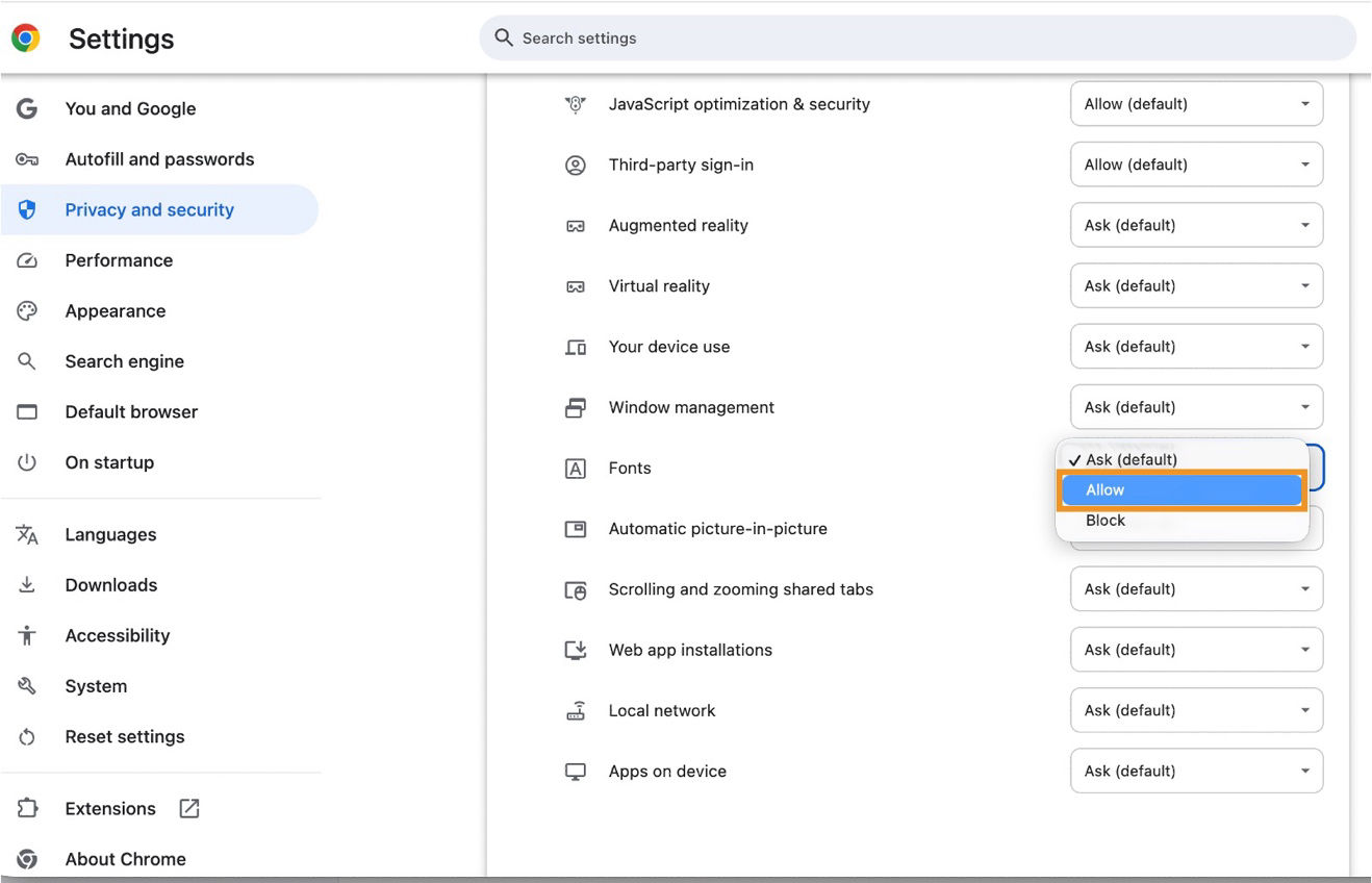 Screenshot of the Chrome settings with the Font permissions highlighted.