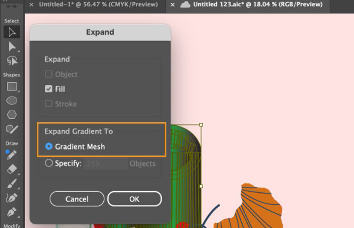 Screenshot of the Expand dialog box in Adobe Illustrator with the "Expand Gradient To" section highlighted, showing the selected option "Gradient Mesh."
