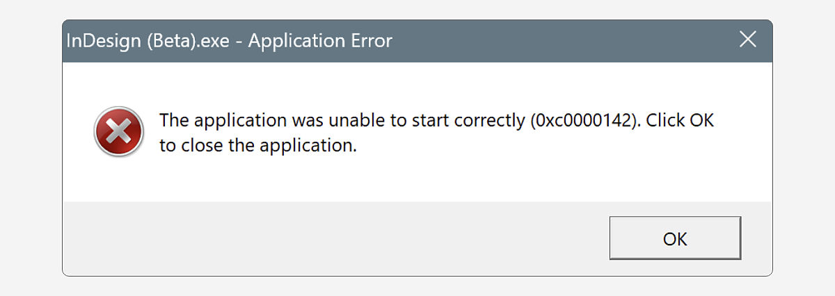 Screenshot of the Indesign (Beta) error message.
