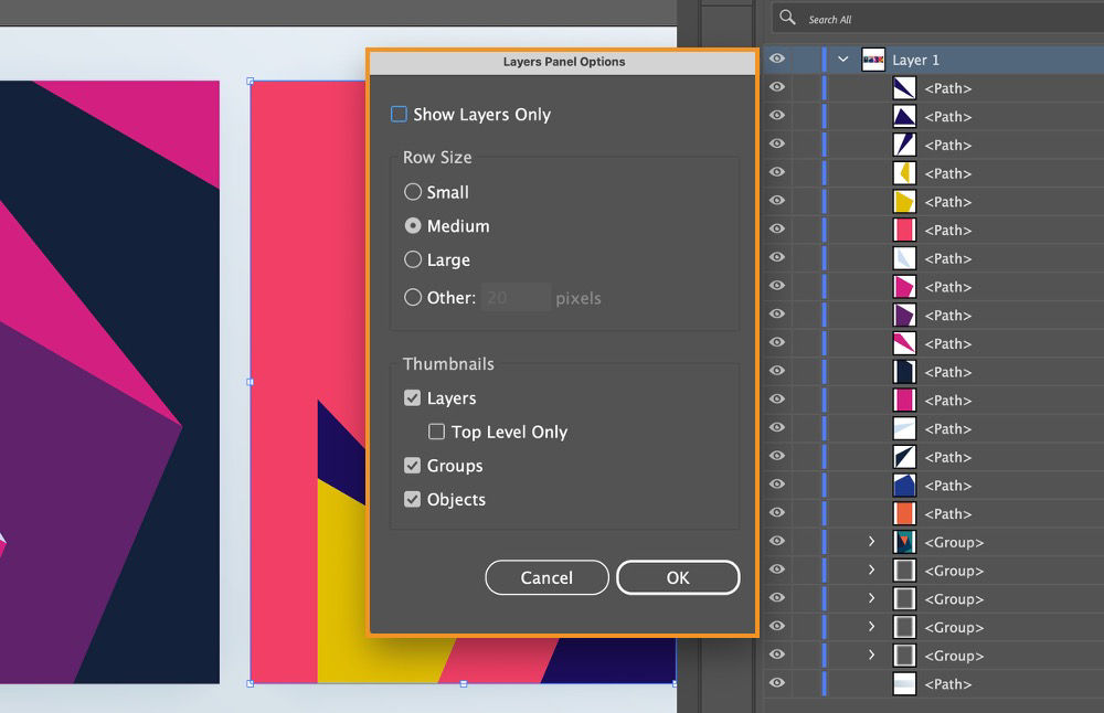 Screenshot of the Layers Panel Options dialog box in Illustrator showing Medium row size and thumbnail options selected, with artwork and layer items visible.