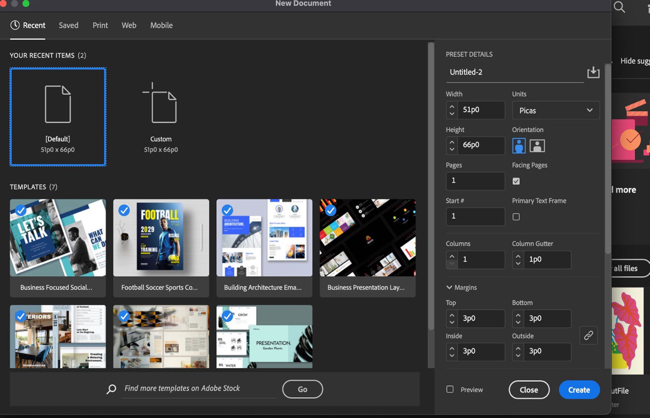 Screenshot of the New Document dialog with PRESET DETAILS visible for a Default document preset.