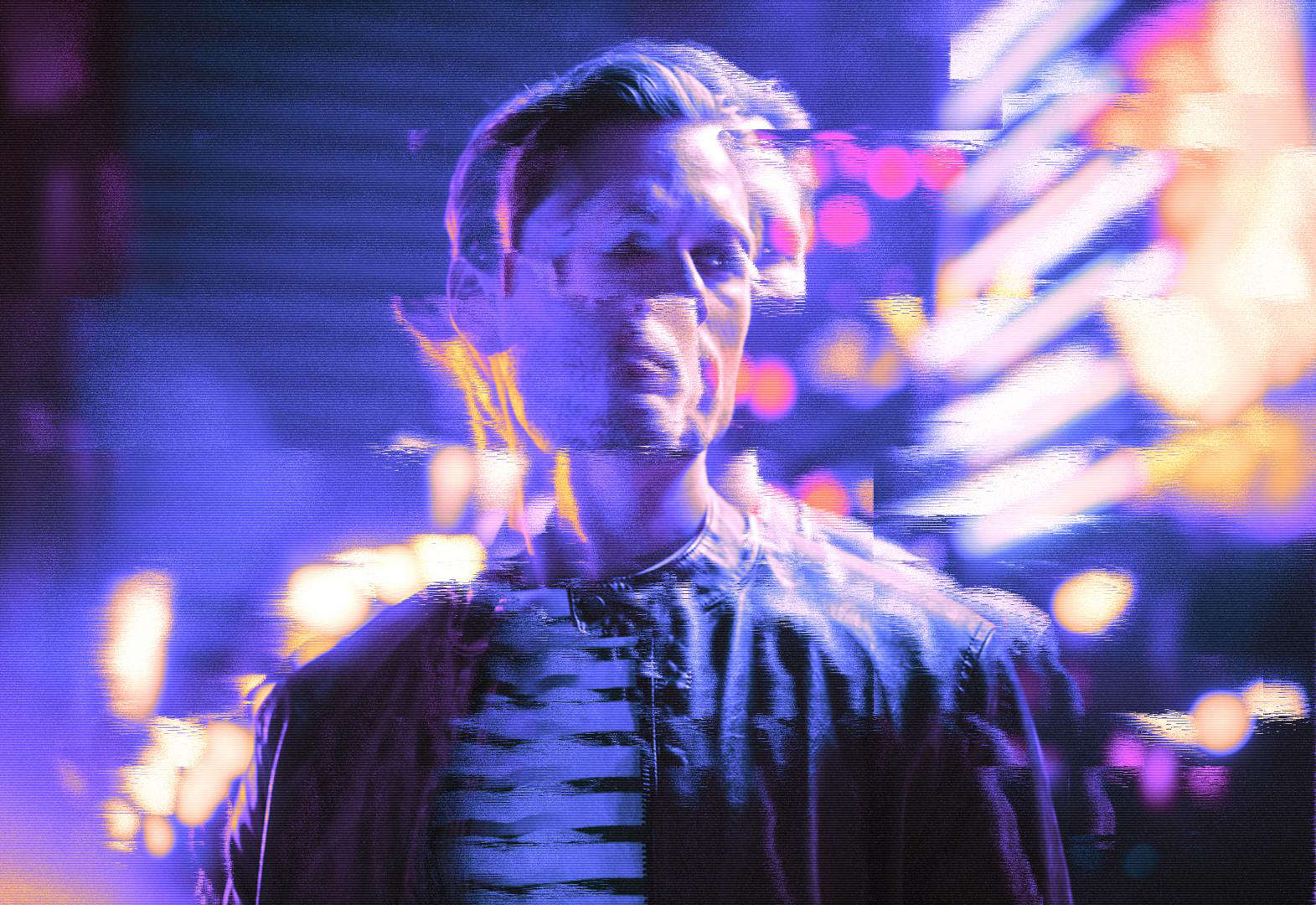 Screenshot of the sample glitch photo, now colored with a purple and pink gradient.