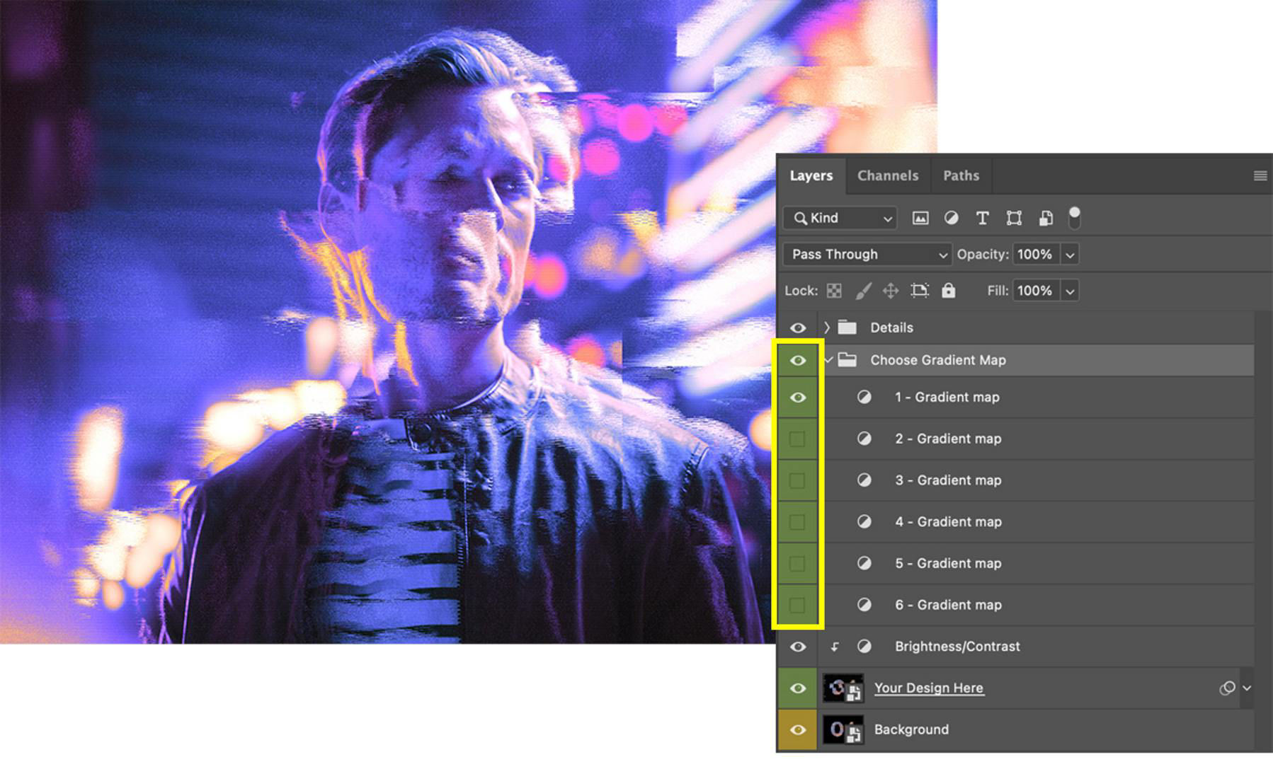 Screenshot of the sample glitch photo, with expanded Layers panel.