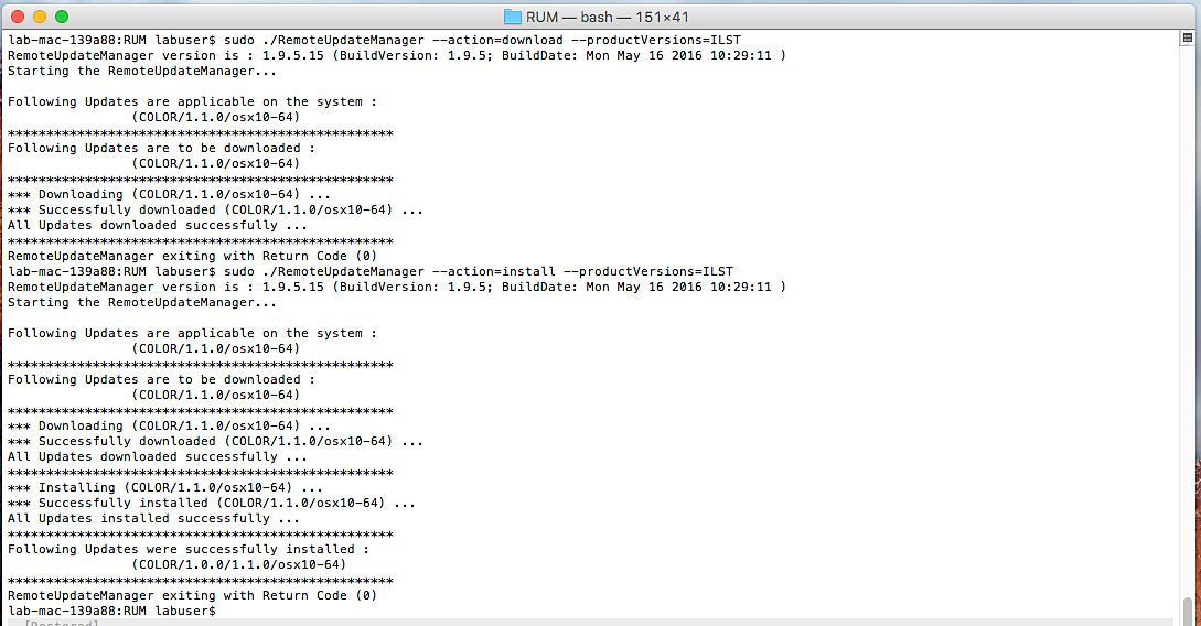 Screenshot showing RUM's console output with download and installation progress for multiple applications.
